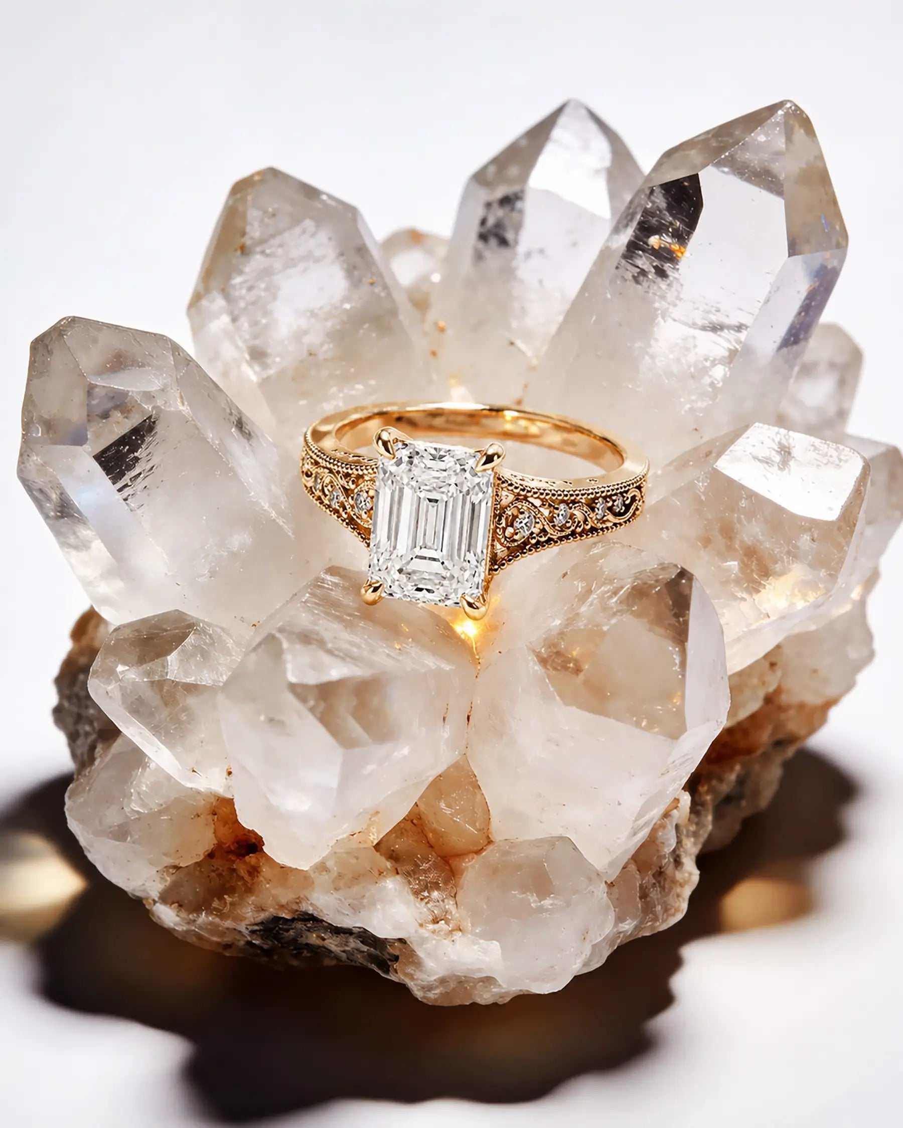 Edwardian lab diamond engagement ring styled in an elegant heirloom jewelry scene vintage gold band