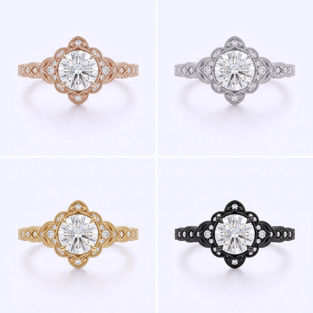 Edwardian cluster halo ring shown in black gold, white gold, rose gold, and yellow gold