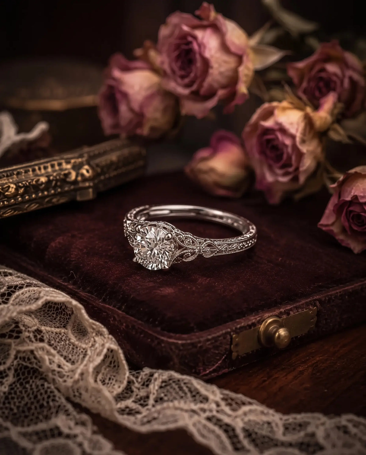 Heirloom style moissanite engagement ring with lace-like vintage design