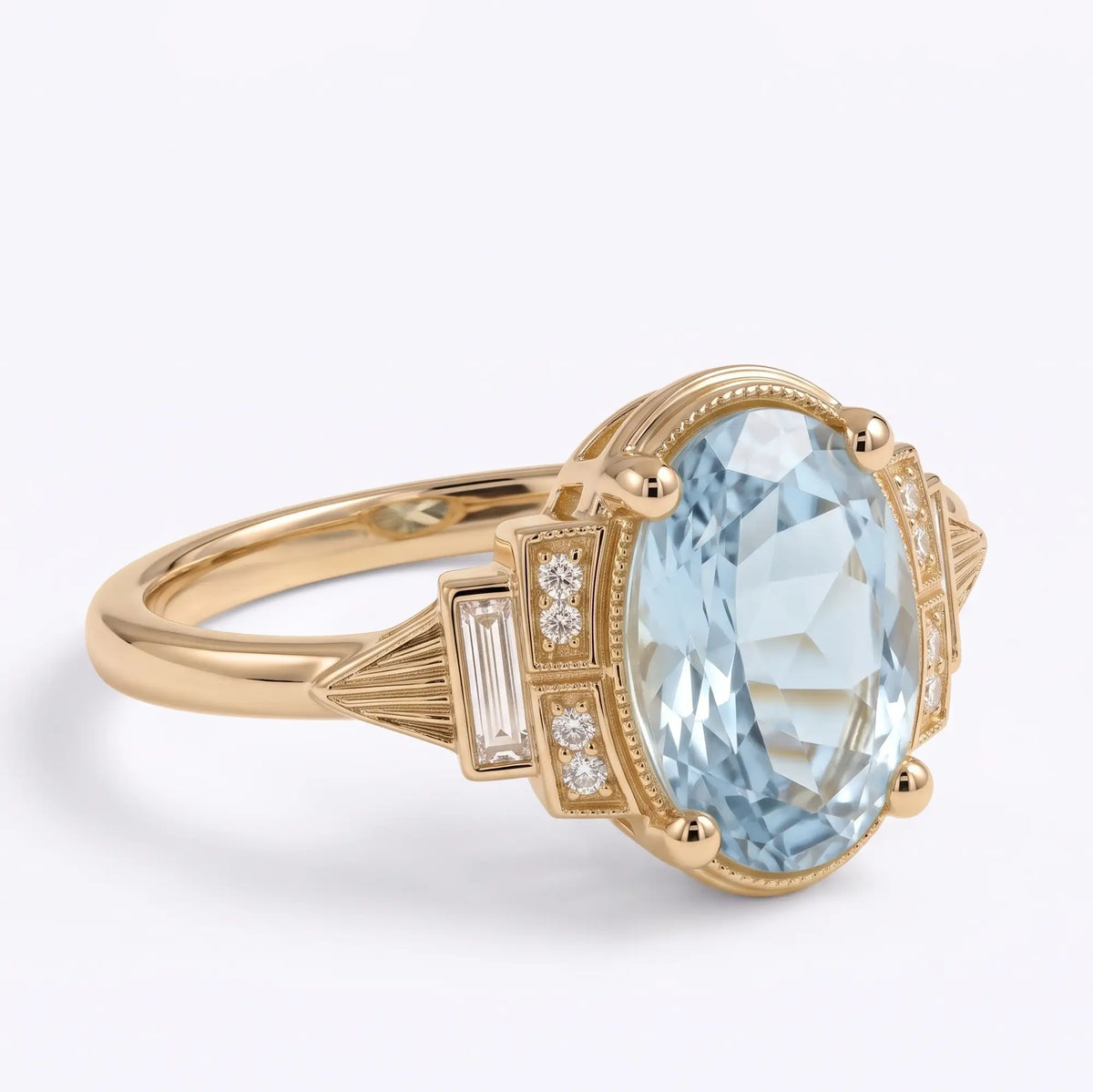 Three quarter view of vintage aquamarine gold ring with geometric cluster design and milgrain gemstone setting