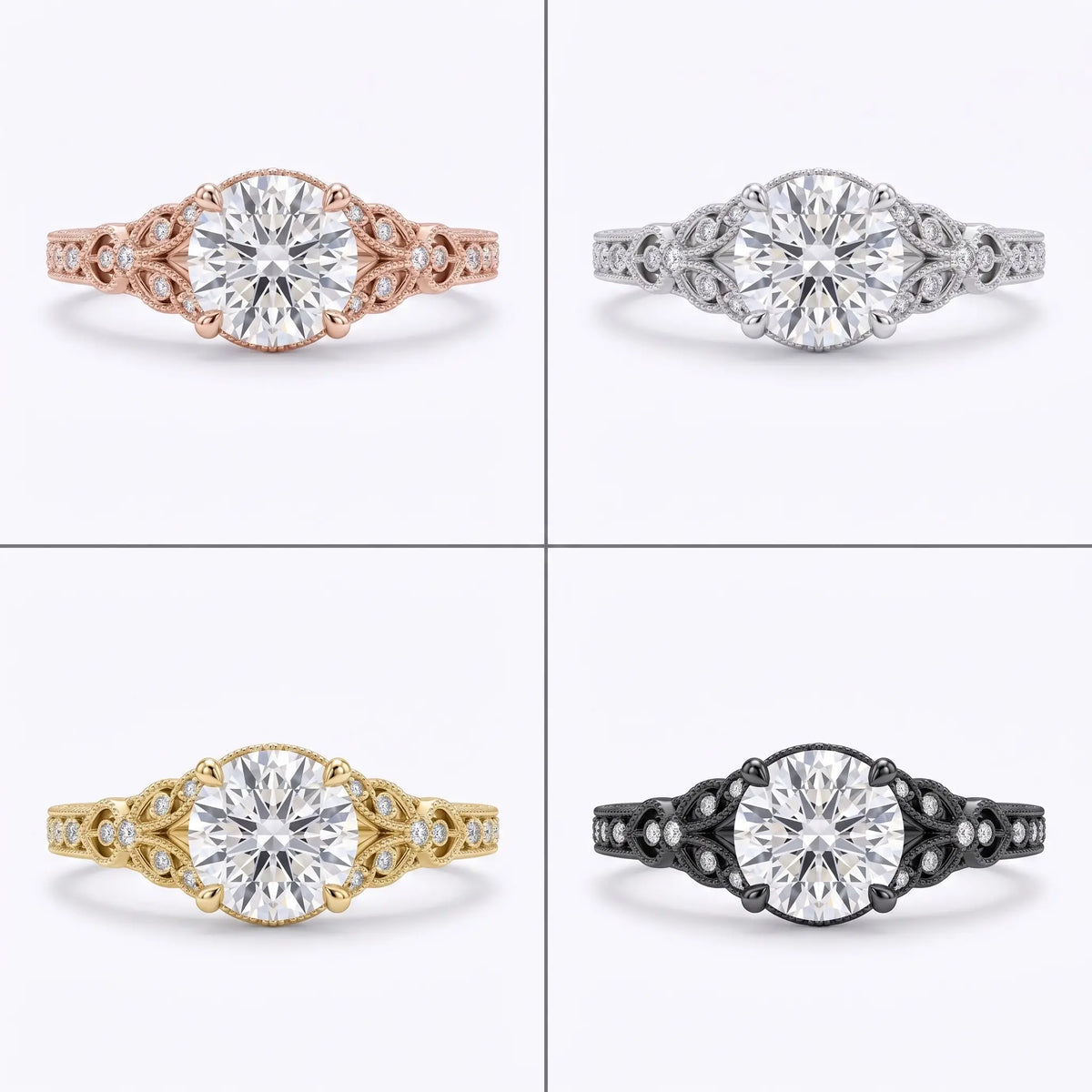 Edwardian-inspired moissanite ring with refined filigree and openwork pattern