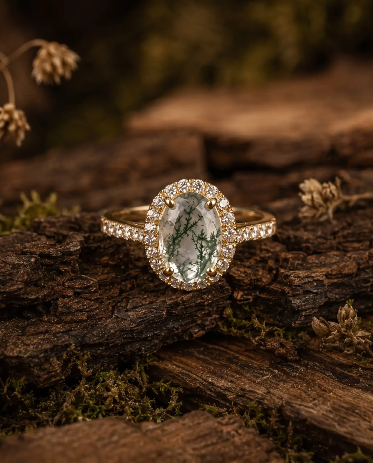 Natural oval moss agate center stone with unique forest-like green inclusions