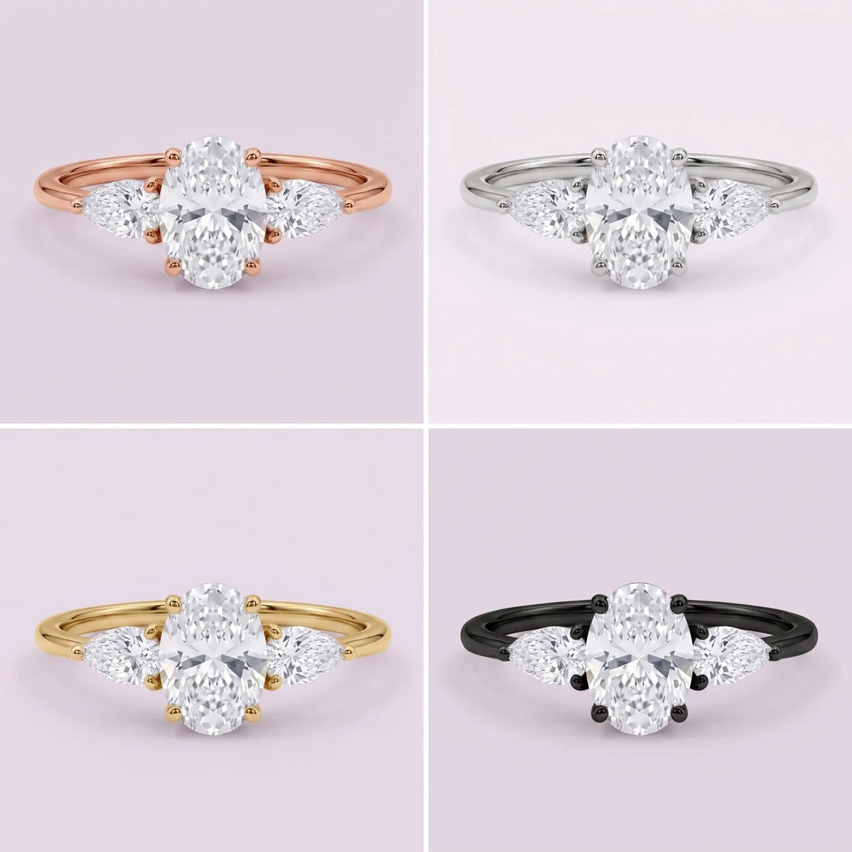 Oval moissanite three stone ring shown in black gold, white gold, rose gold, and yellow gold