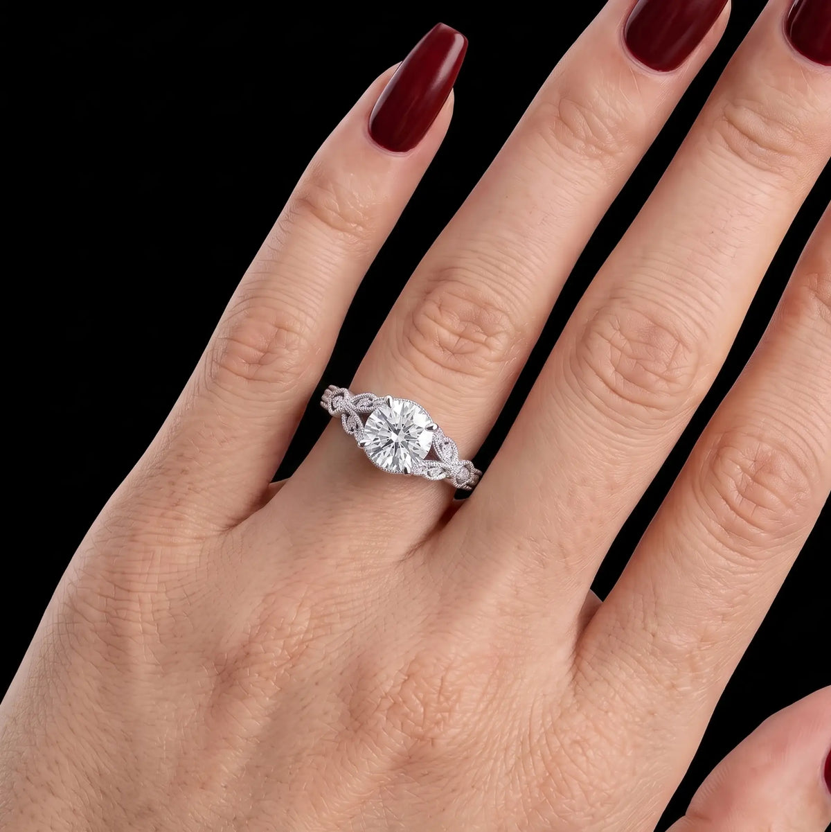 Elegant vintage engagement ring with round moissanite and bead-set accents for women gift