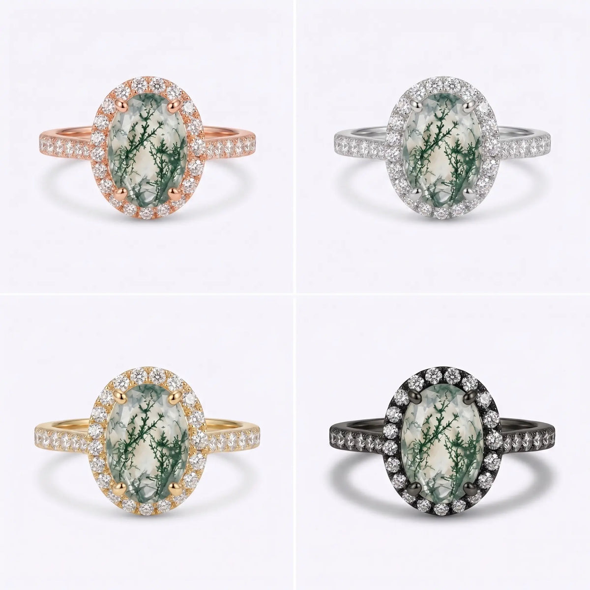 Klassischer Ovaler Moosachat-Halo-Verlobungsring Pavé-Goldring – Avelisse