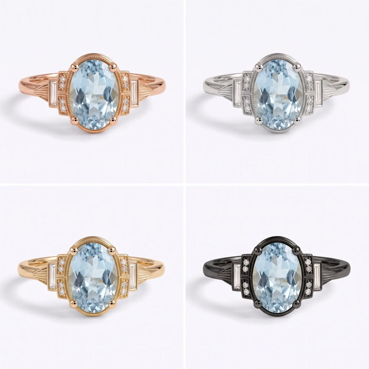Vintage oval aquamarine engagement ring displayed in yellow gold white gold rose gold and black gold finishes