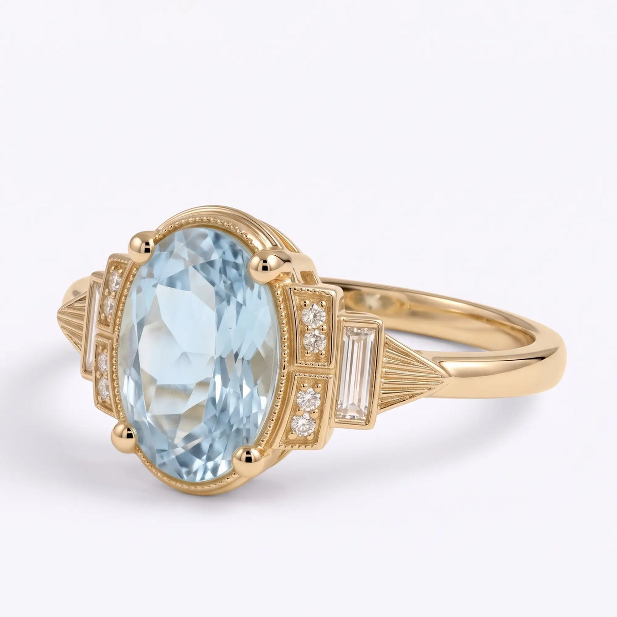 Front view of oval natural aquamarine Art Deco engagement ring with symmetrical rectangular moissanite side stones