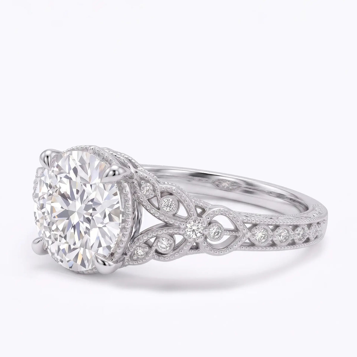 Round moissanite antique inspired engagement ring with 20 accent stones