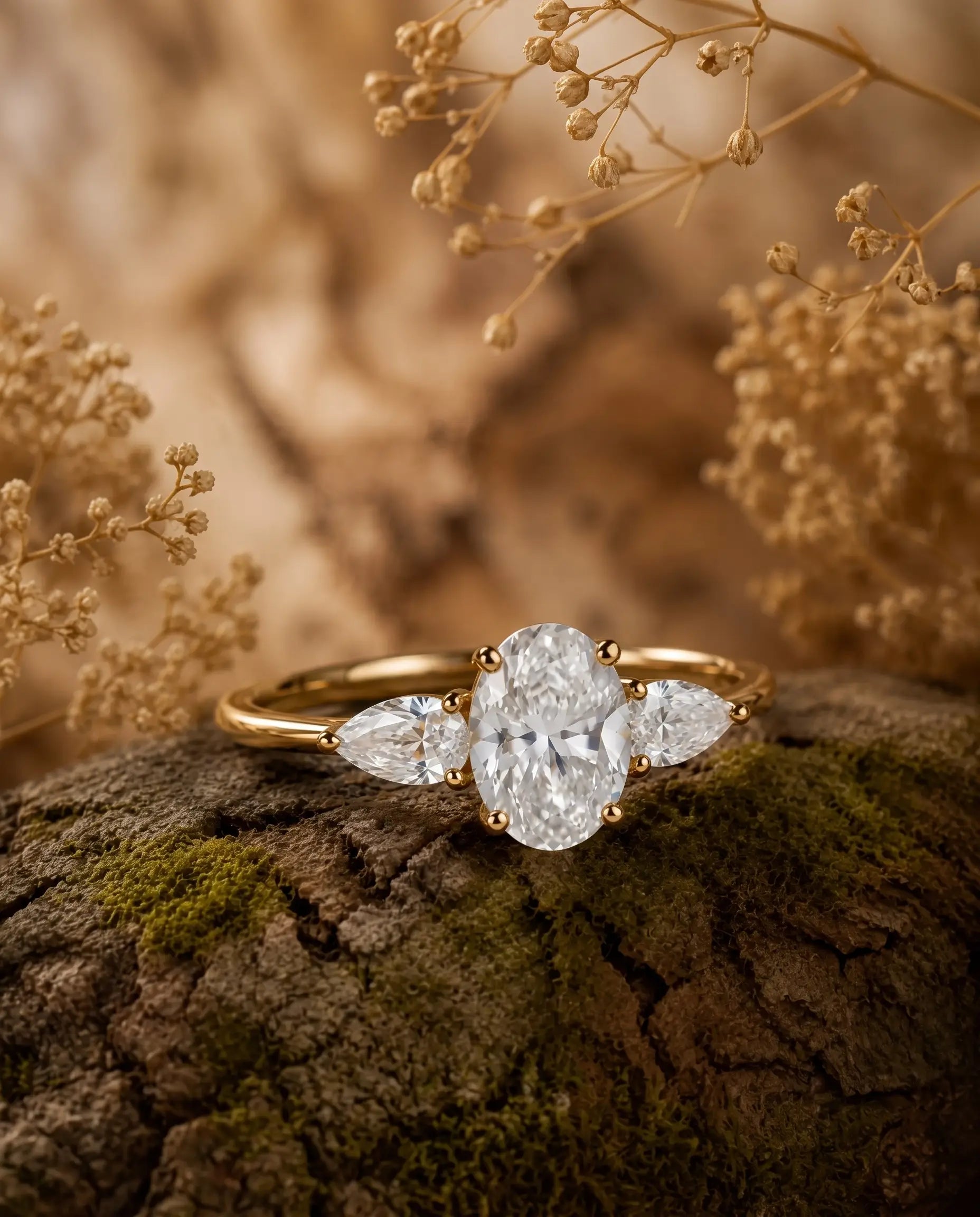 Classic three stone moissanite engagement ring styled in an elegant jewelry scene