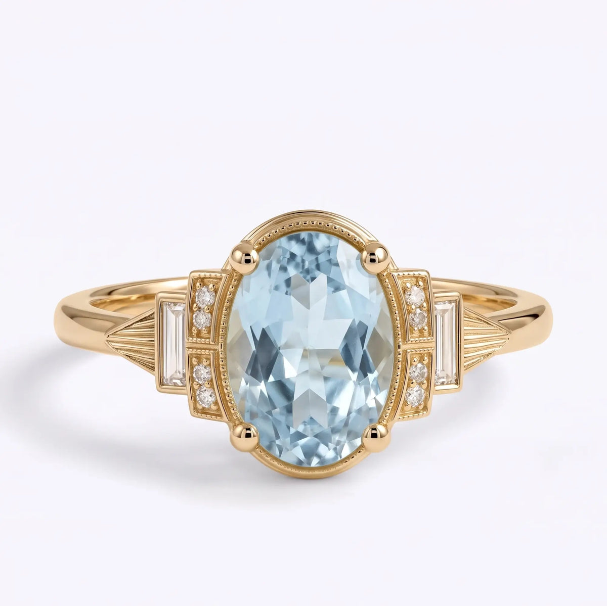 Vintage Art Deco oval natural aquamarine cluster engagement ring with baguette and round moissanite accents in yellow gold