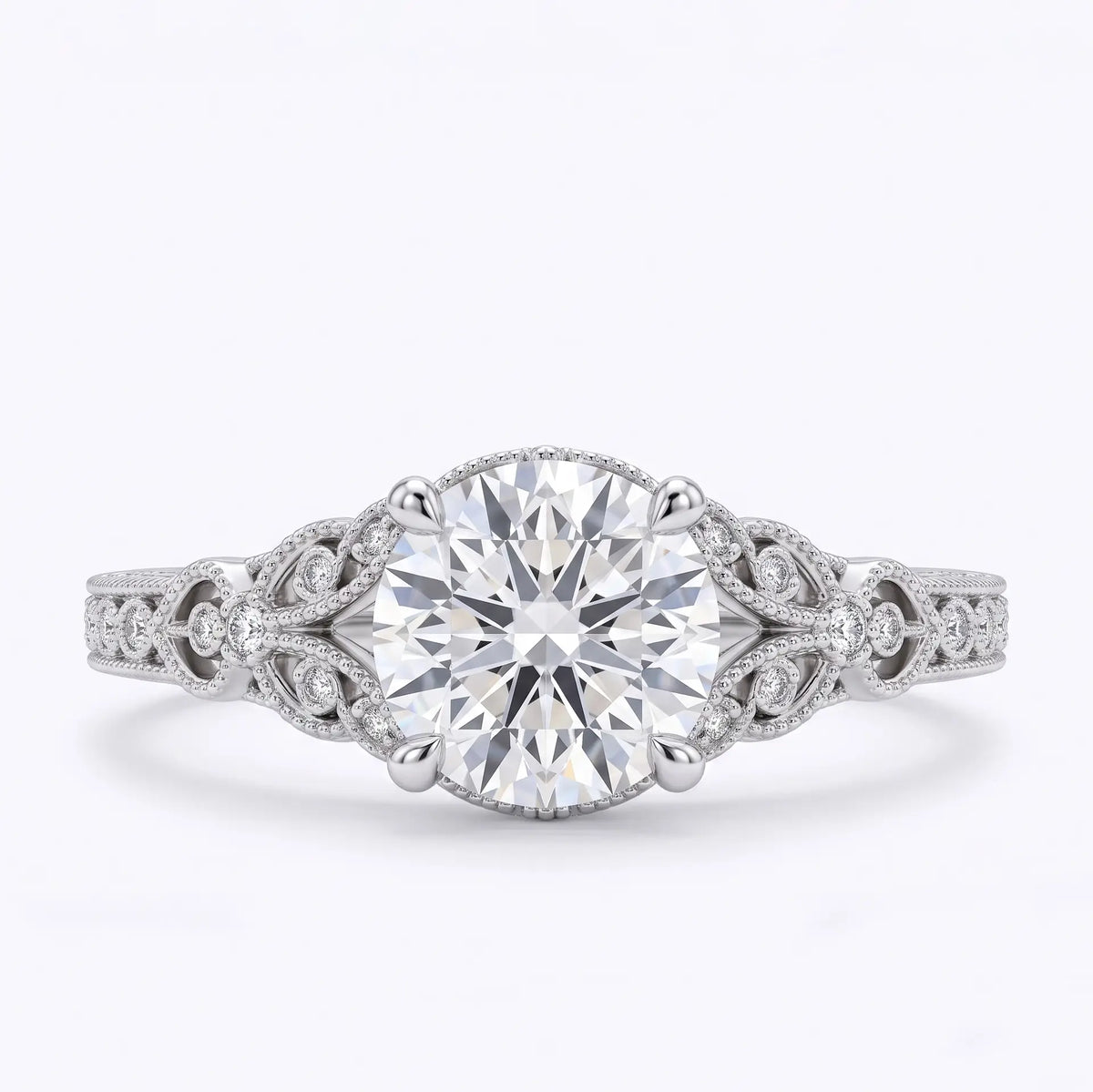 Vintage Edwardian round moissanite engagement ring with milgrain openwork details