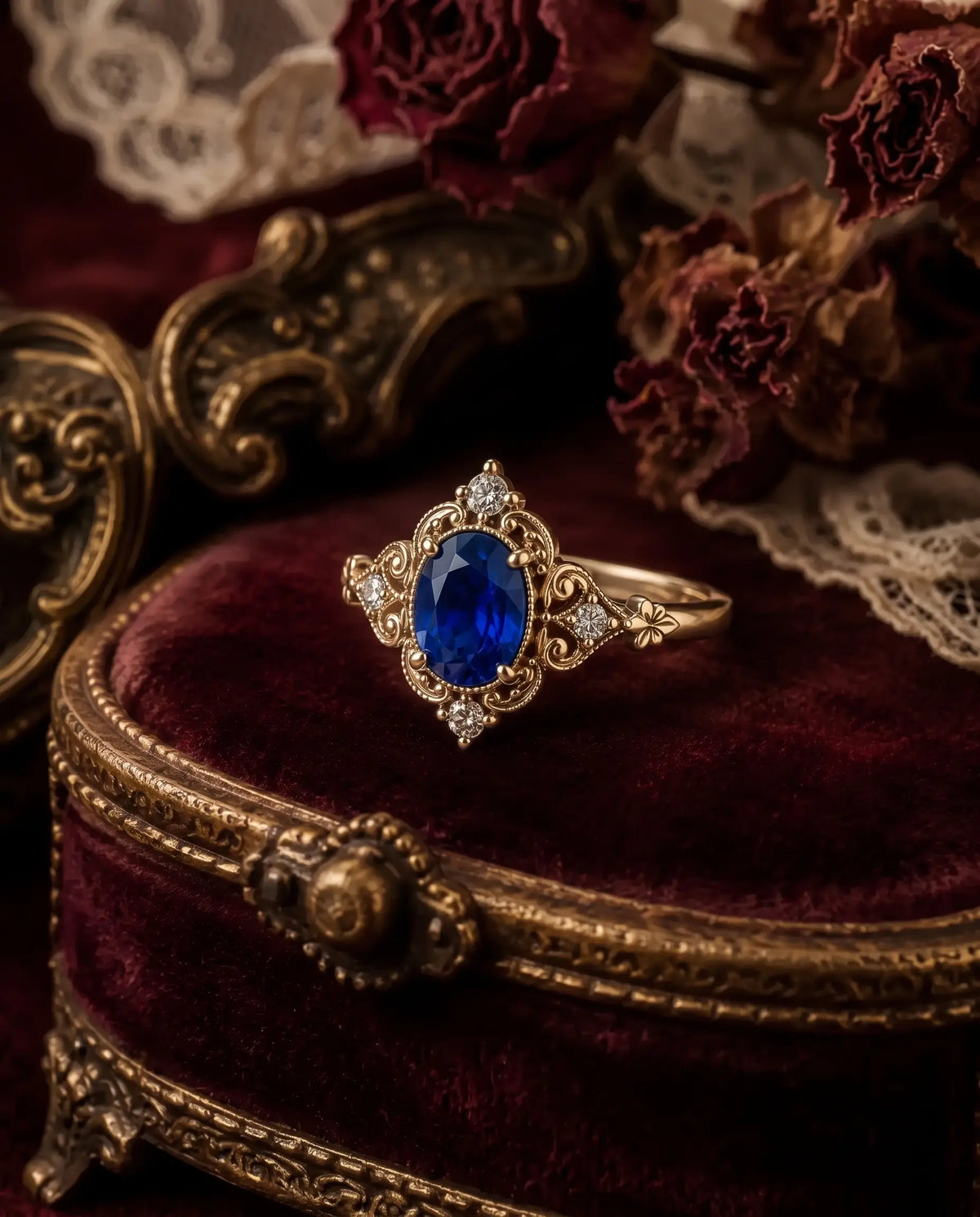 Romantic vintage sapphire ring with milgrain and openwork details