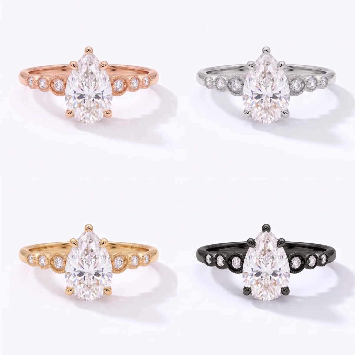 Pear moissanite seven stone ring shown in black gold, white gold, rose gold, and yellow gold