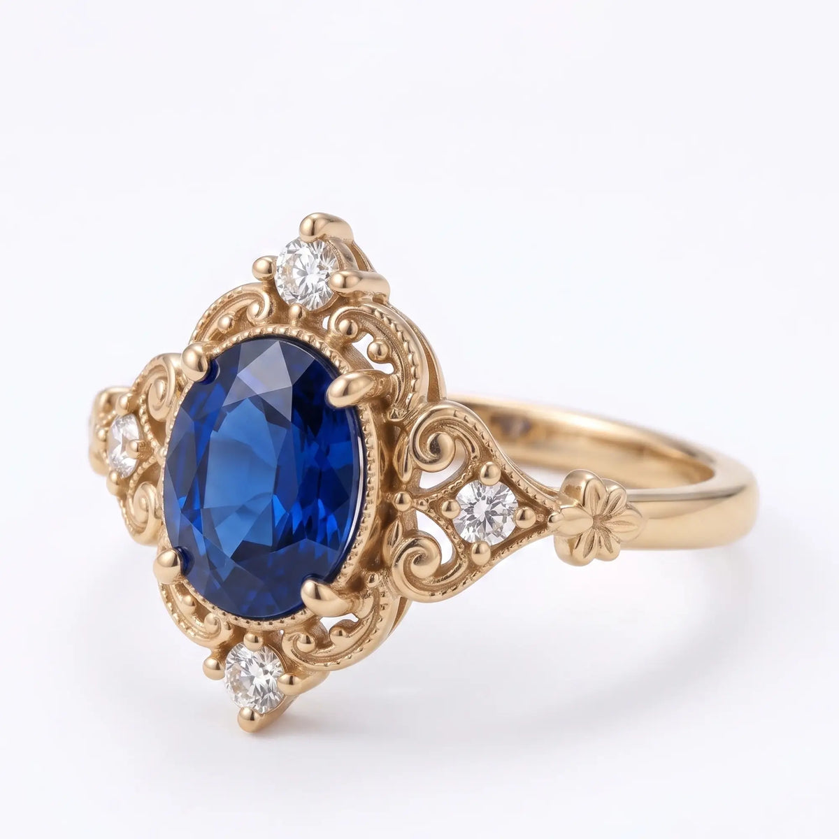 Victorian romance engagement ring with blue sapphire center stone