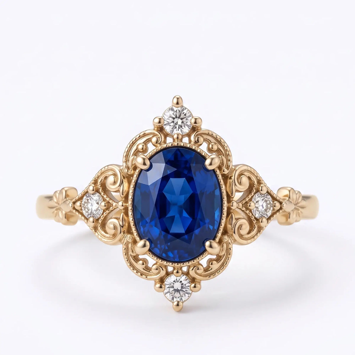 Vintage oval lab sapphire Victorian engagement ring with floral scrollwork