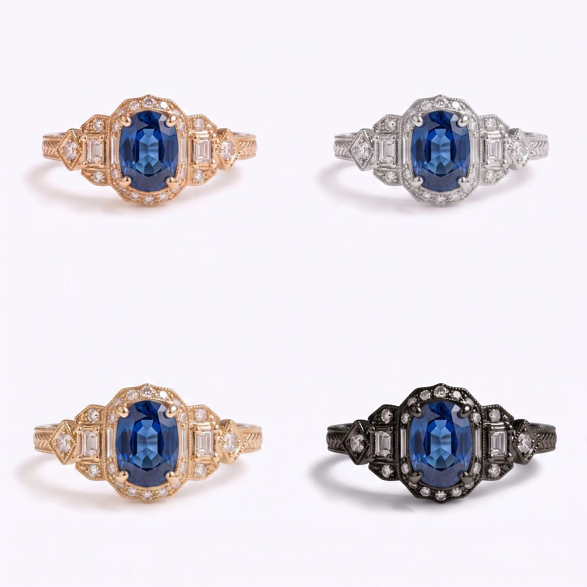 Elegant oval blue gemstone halo ring with moissanite accents