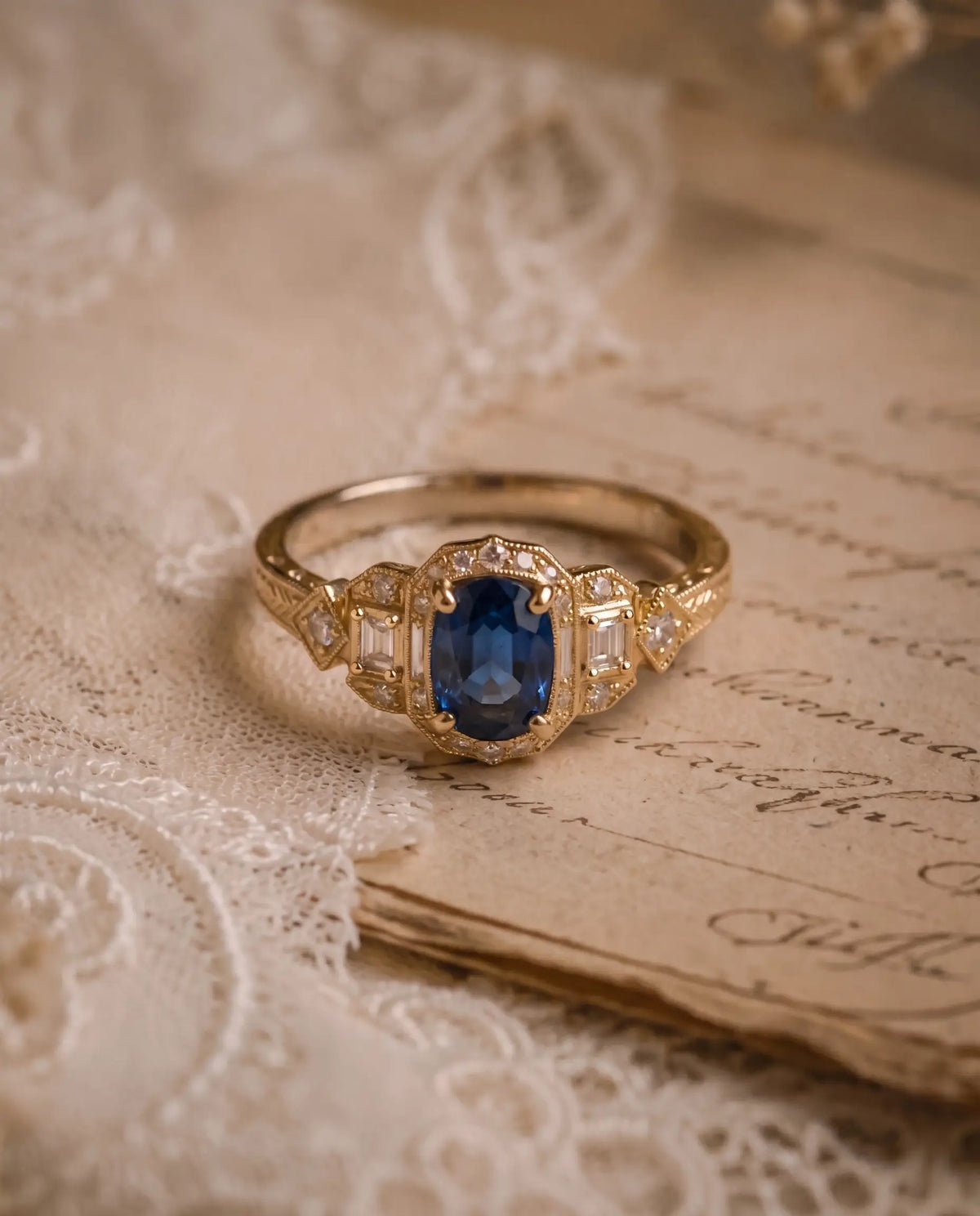 Close-up of lab sapphire halo ring with brilliant-style faceting