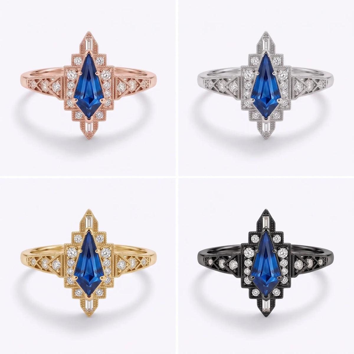 Vintage lab sapphire halo ring shown in yellow gold white gold rose gold and black gold options