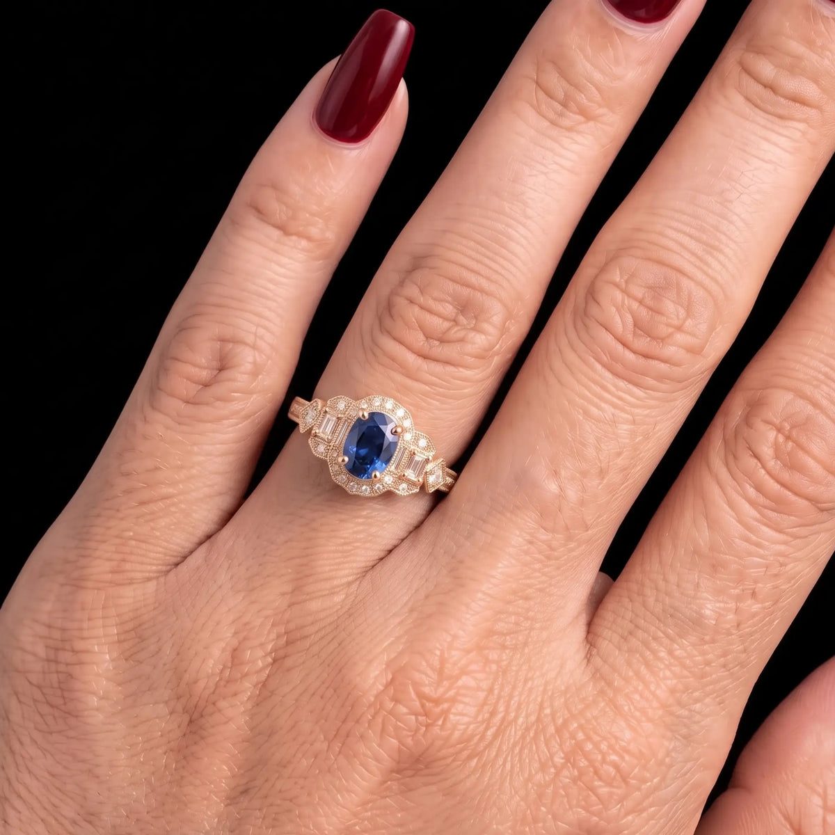 September birthstone sapphire engagement ring in vintage Art Deco style for women gift