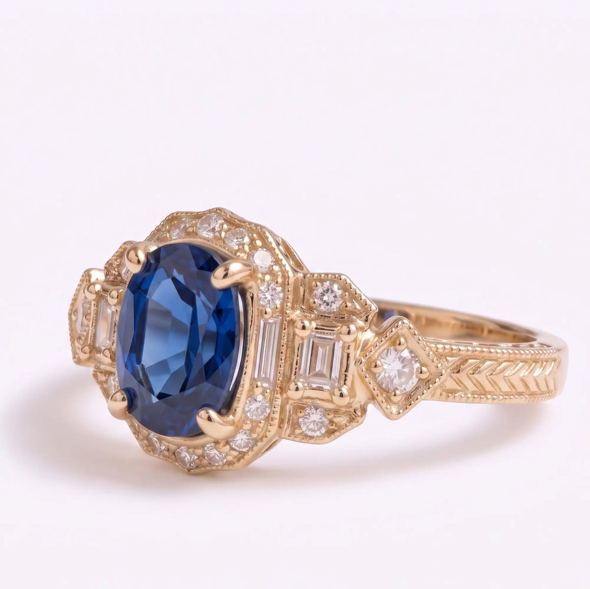 Blue lab sapphire Art Deco engagement ring with step cut side accents