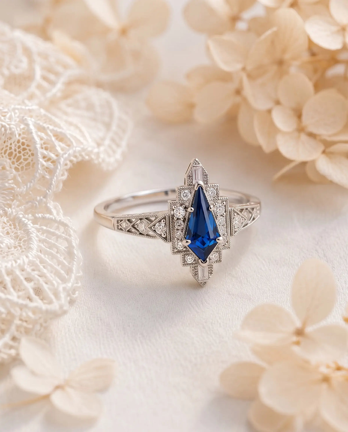 Milgrain band detail on vintage Art Deco kite sapphire engagement ring