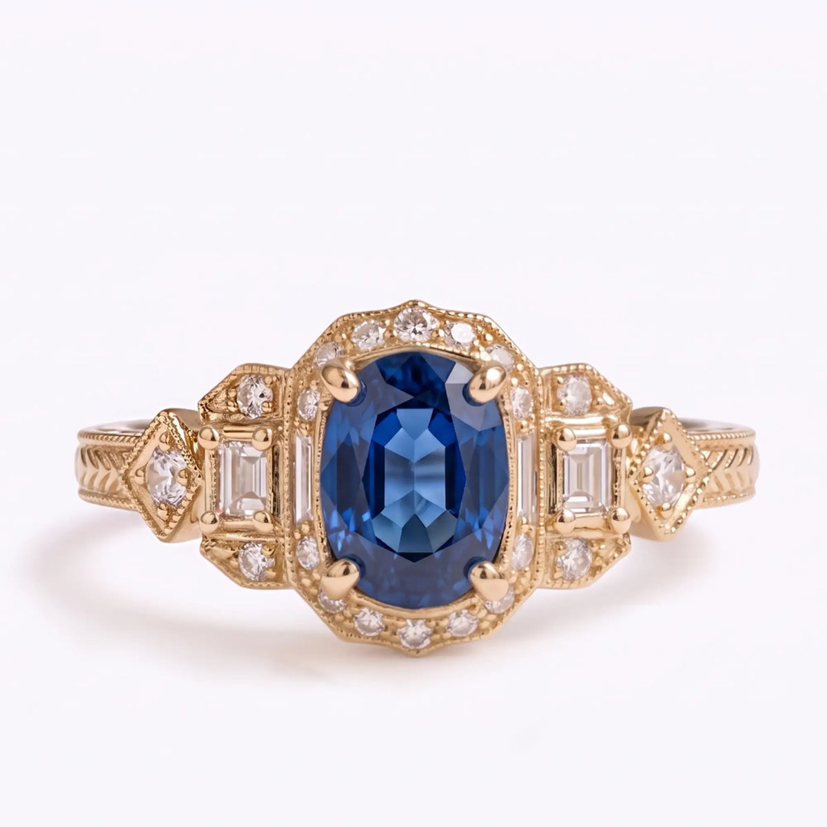 Vintage Art Deco oval lab sapphire halo engagement ring in gold