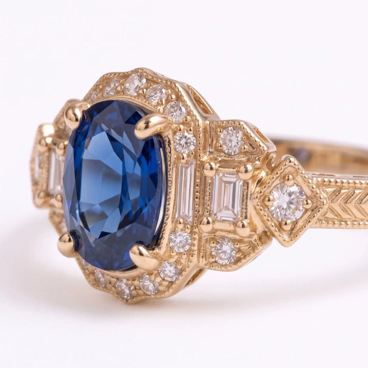 Close-up of lab sapphire halo ring with brilliant-style faceting