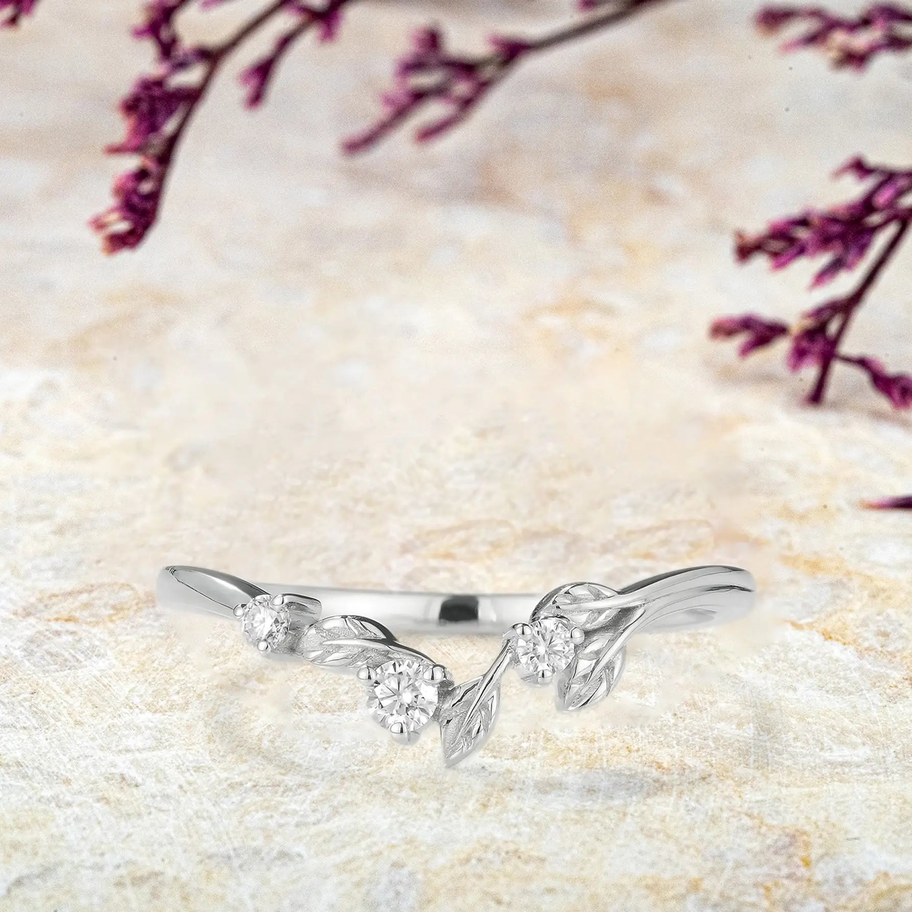 Vespera Moissanite Leaf Stacking Band – Nature-Inspired Wedding Band