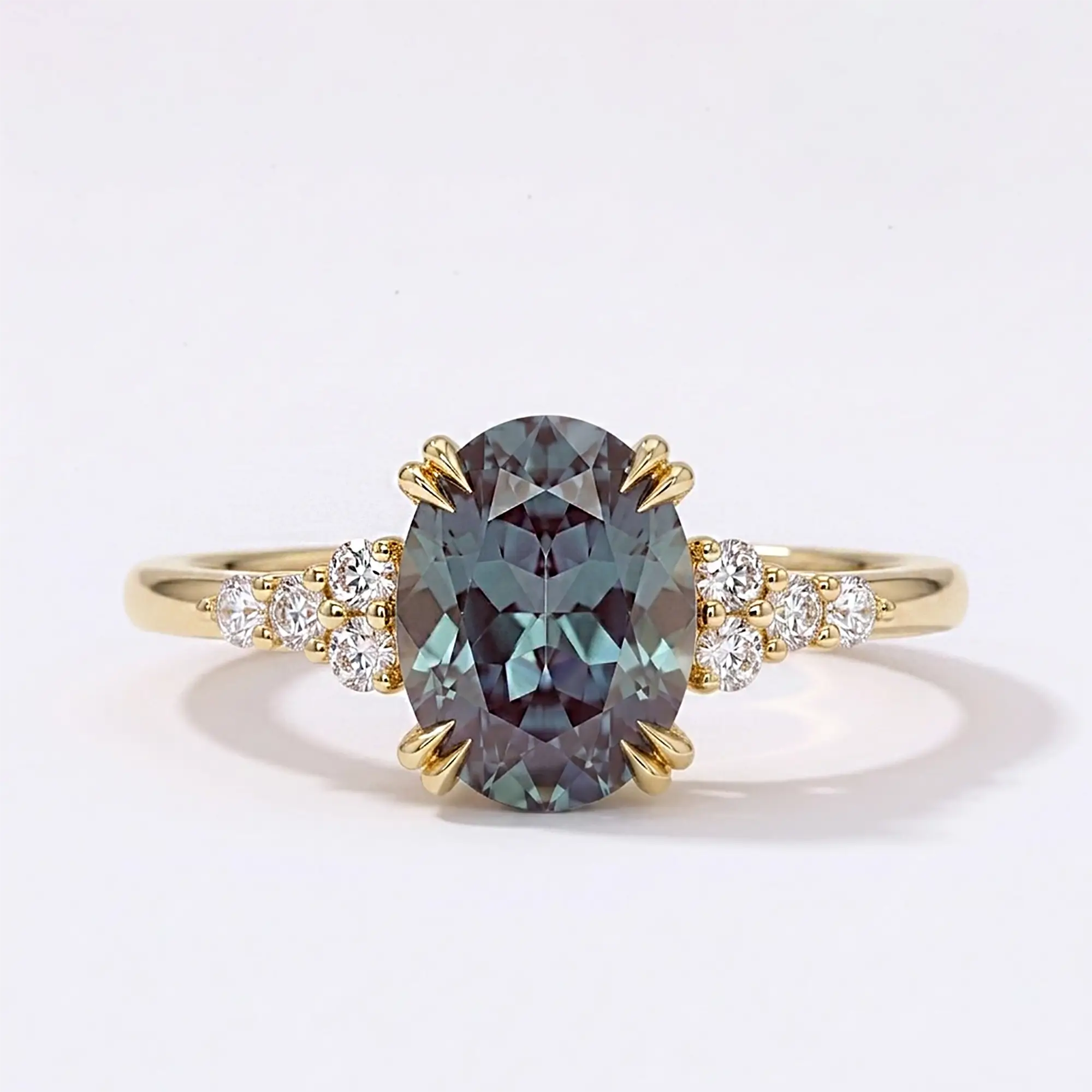 Handcrafted vintage-inspired oval lab-grown alexandrite Art Deco cluster engagement ring in solid yellow gold by Orleone