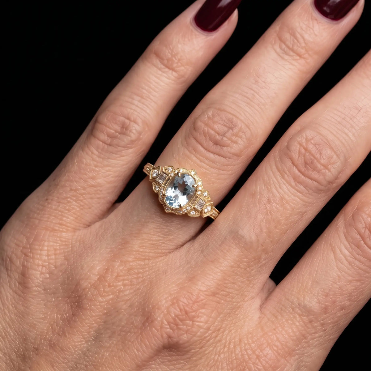 Yellow gold vintage aquamarine engagement ring with elegant halo setting for women