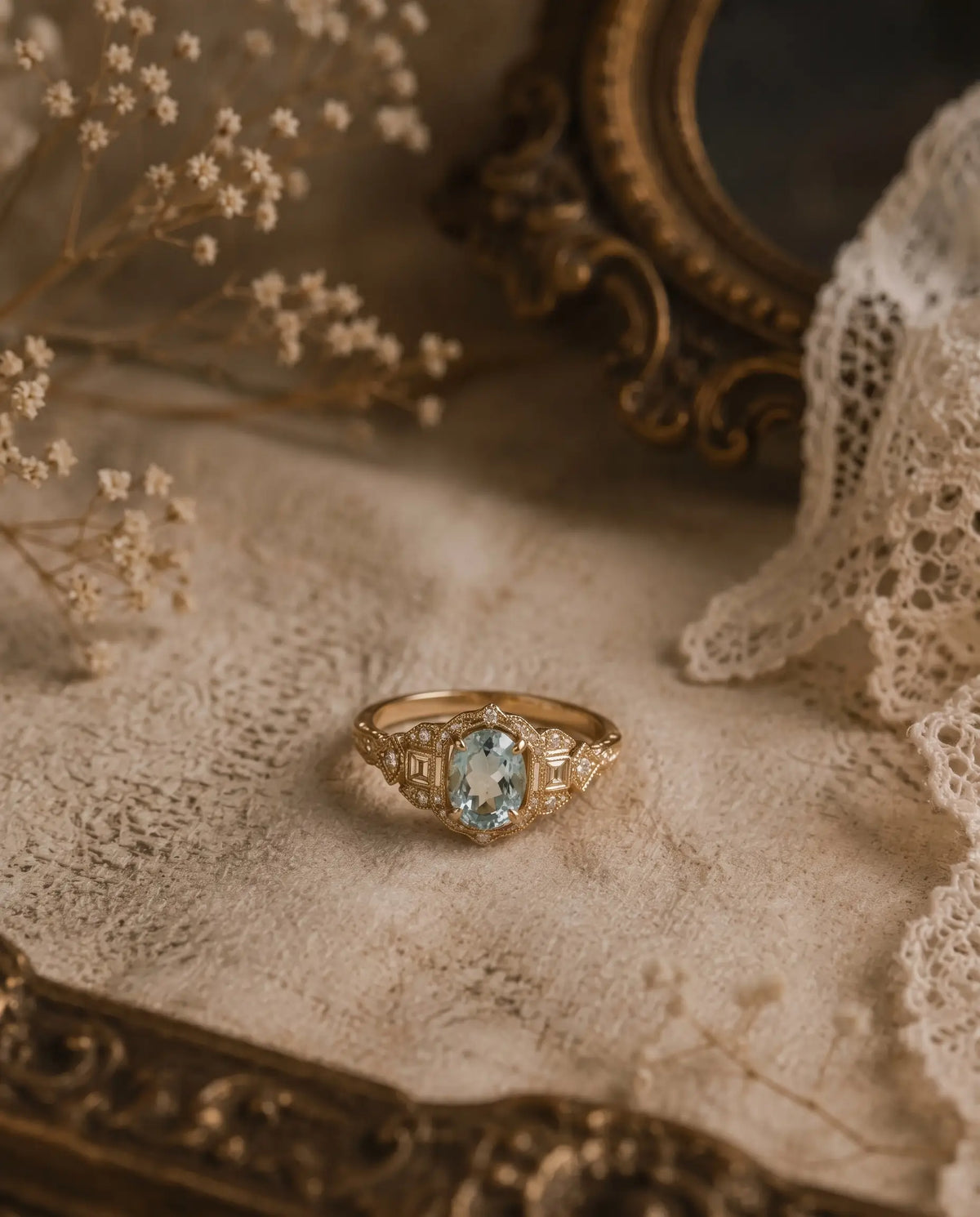 Close-up of oval aquamarine halo ring with brilliant-style faceting