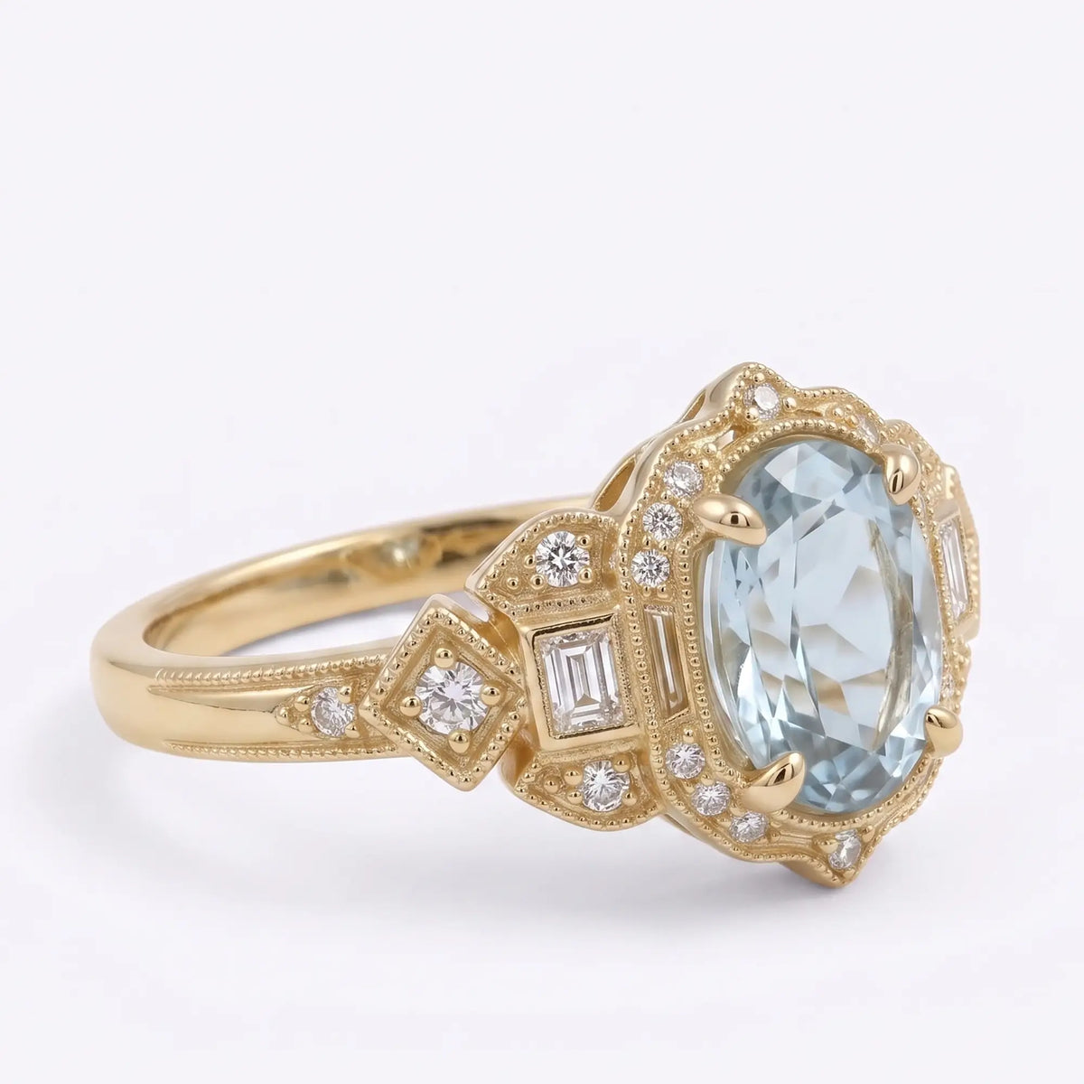 Natural aquamarine halo ring with geometric vintage detailing