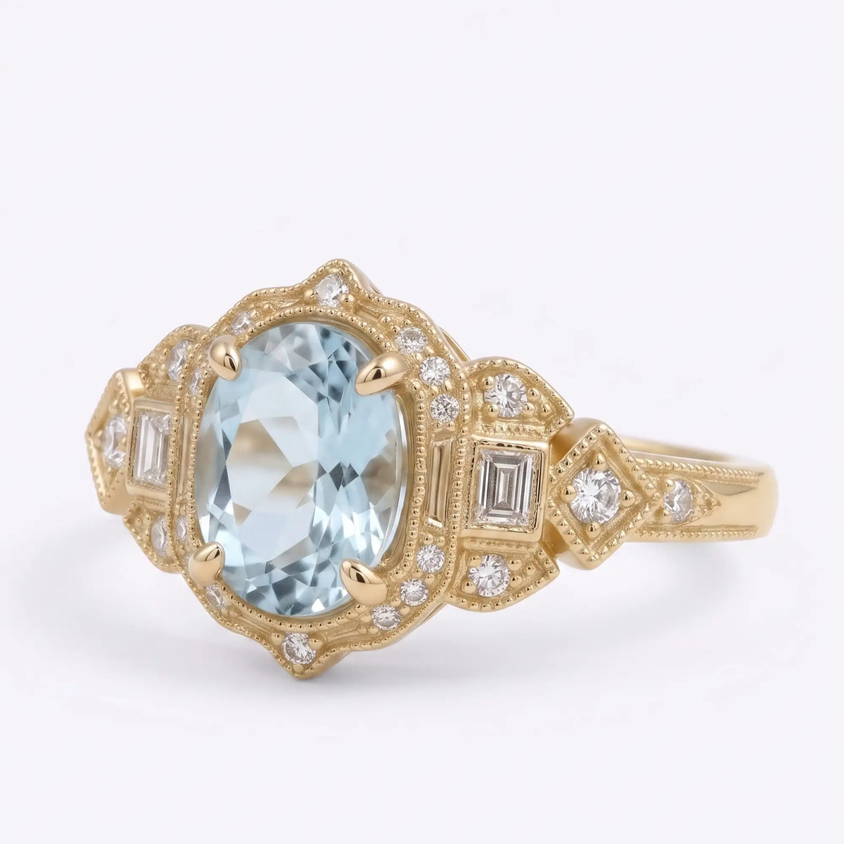 Oval aquamarine engagement ring with step cut side moissanite accents
