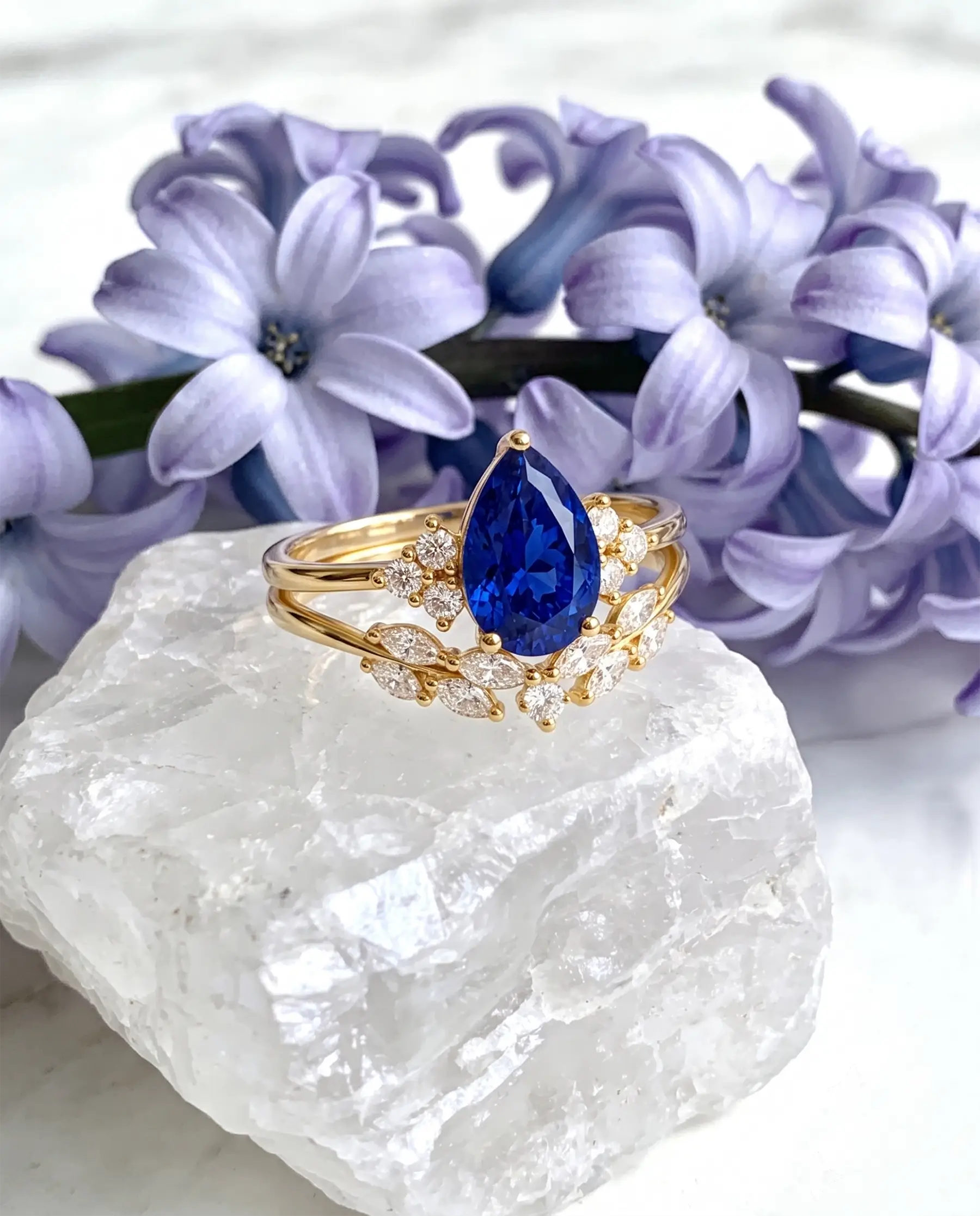 Pear sapphire bridal ring set styled in an elegant jewelry scene