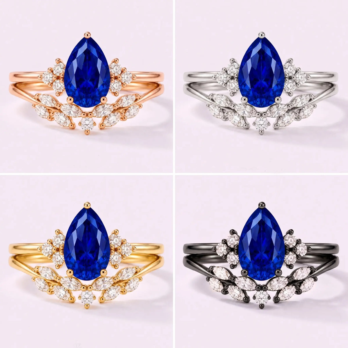 Pear sapphire bridal ring set shown in black gold, white gold, rose gold, and yellow gold