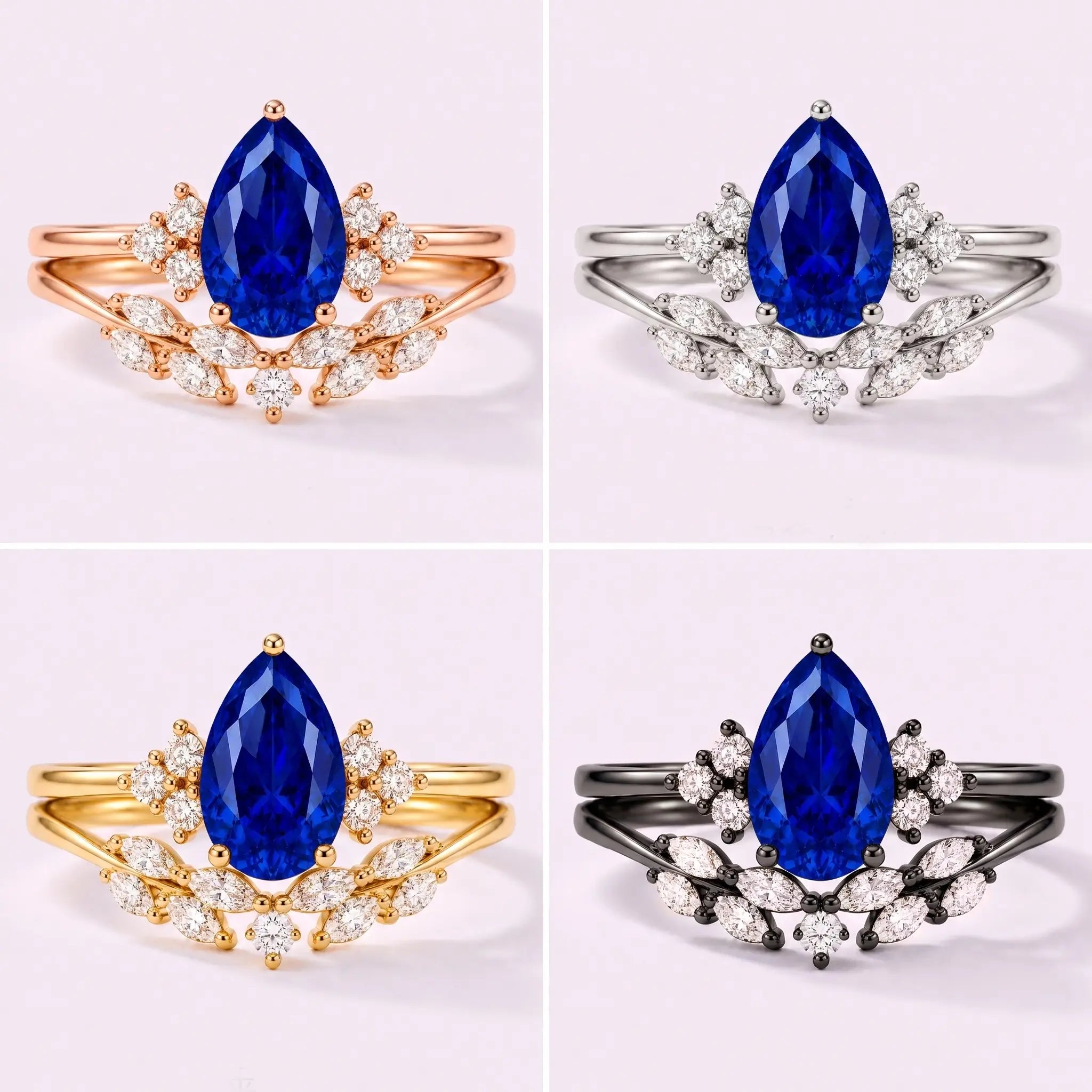 Pear sapphire bridal ring set shown in black gold, white gold, rose gold, and yellow gold
