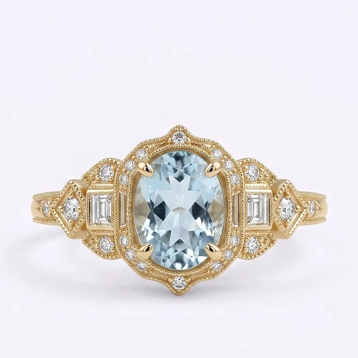 Vintage Art Deco oval aquamarine halo engagement ring in yellow gold