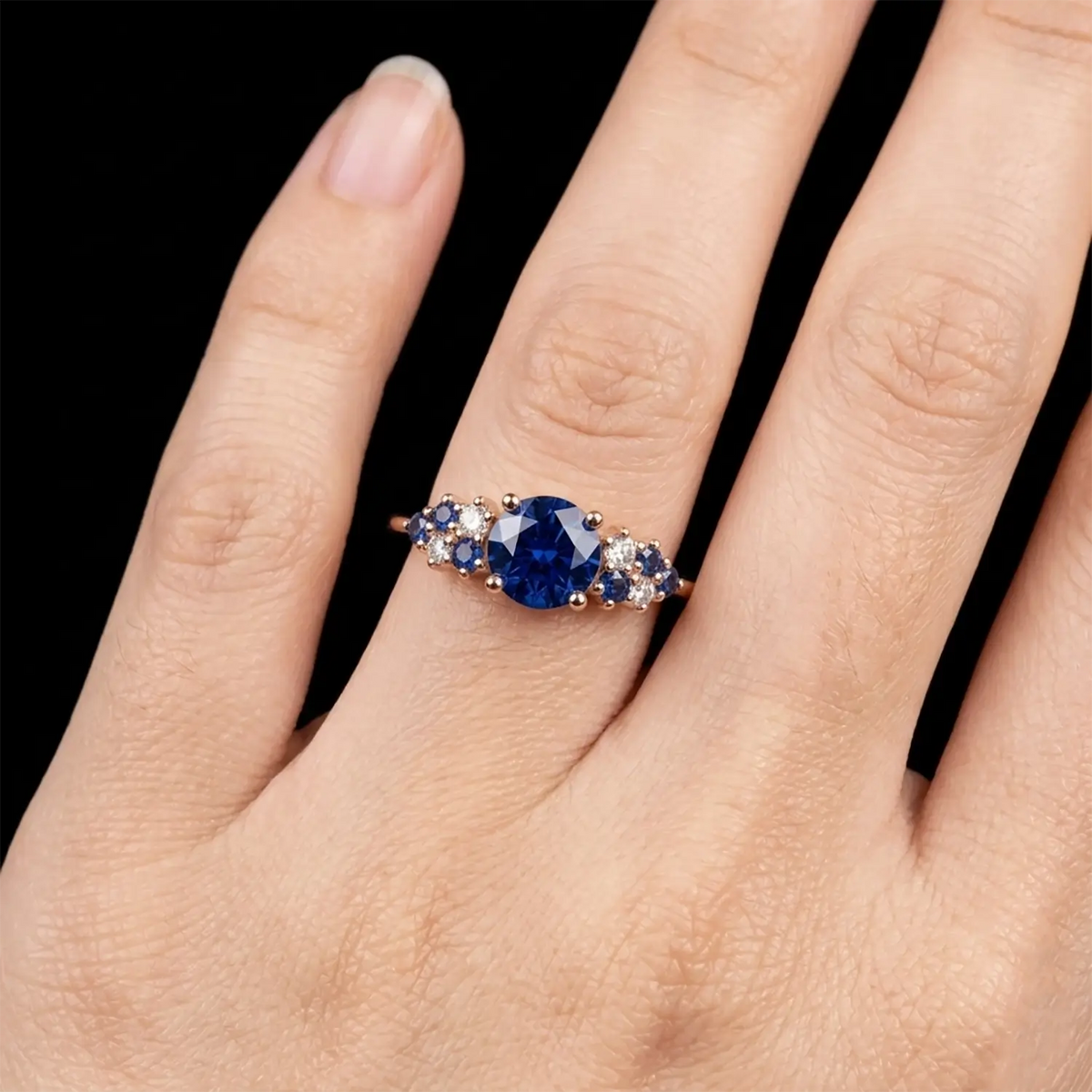 Luminous handmade sapphire cluster ring on hand showing kaleidoscopic starry brilliance.
