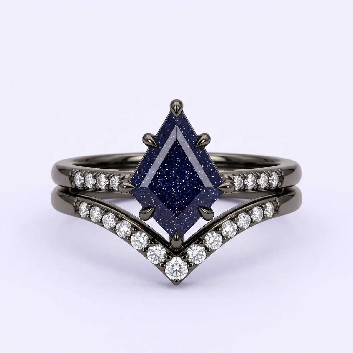Handcrafted 2-piece blue sandstone kite cut chevron engagement ring set - Celestia Nightfall by Orleone