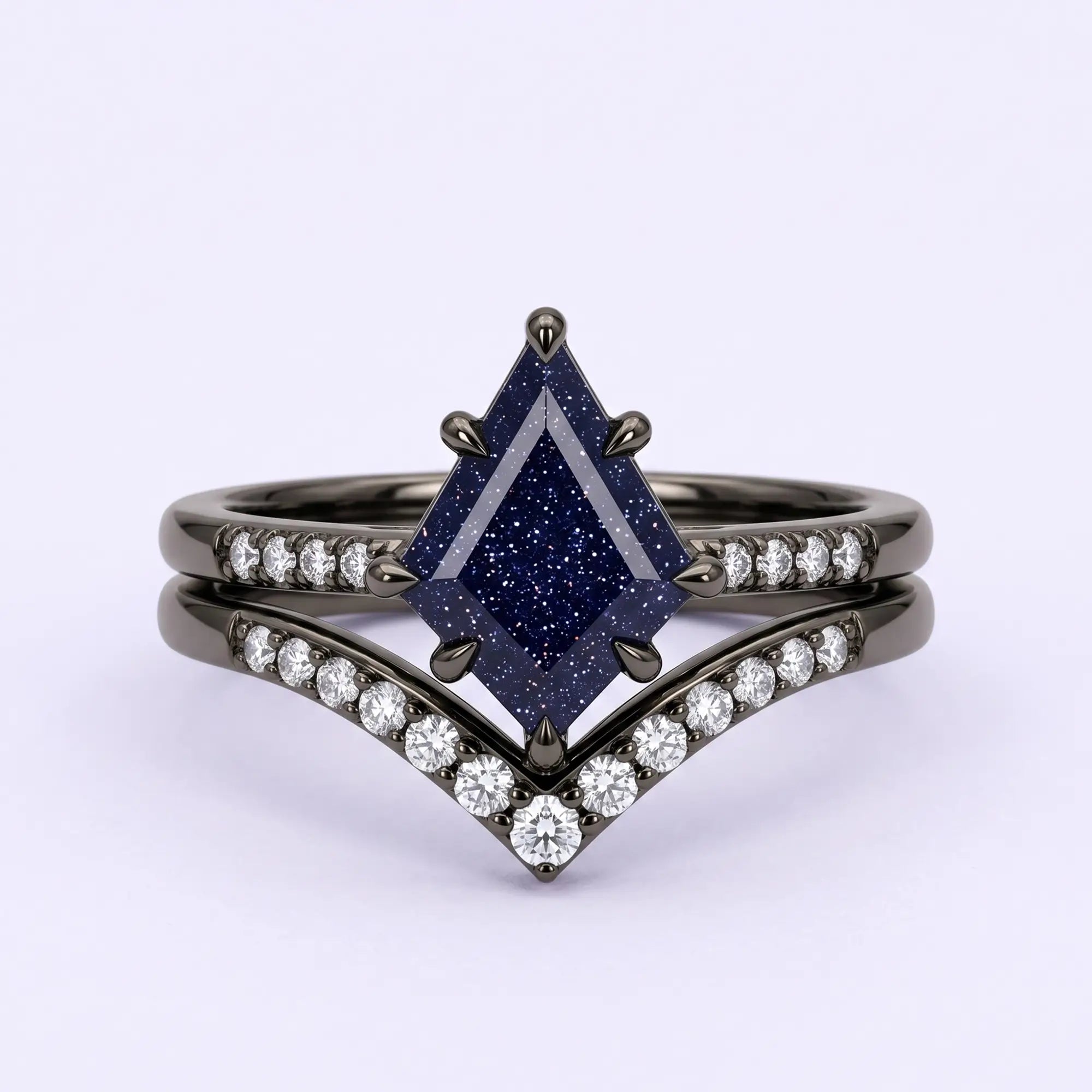 Handcrafted 2-piece blue sandstone kite cut chevron engagement ring set - Celestia Nightfall by Orleone