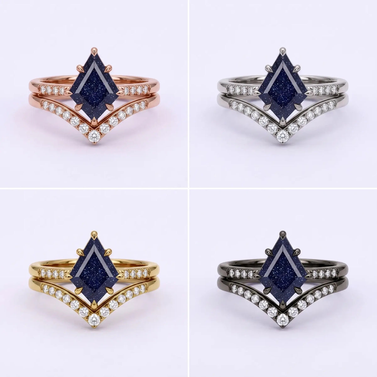 Front view matrix of Celestia Nightfall blue sandstone set in black gold, rose gold, yellow gold, and white gold.