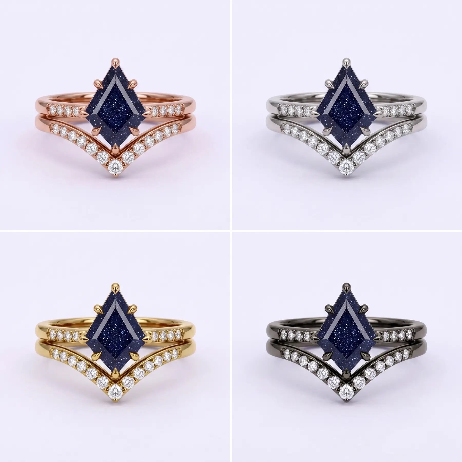 Front view matrix of Celestia Nightfall blue sandstone set in black gold, rose gold, yellow gold, and white gold.