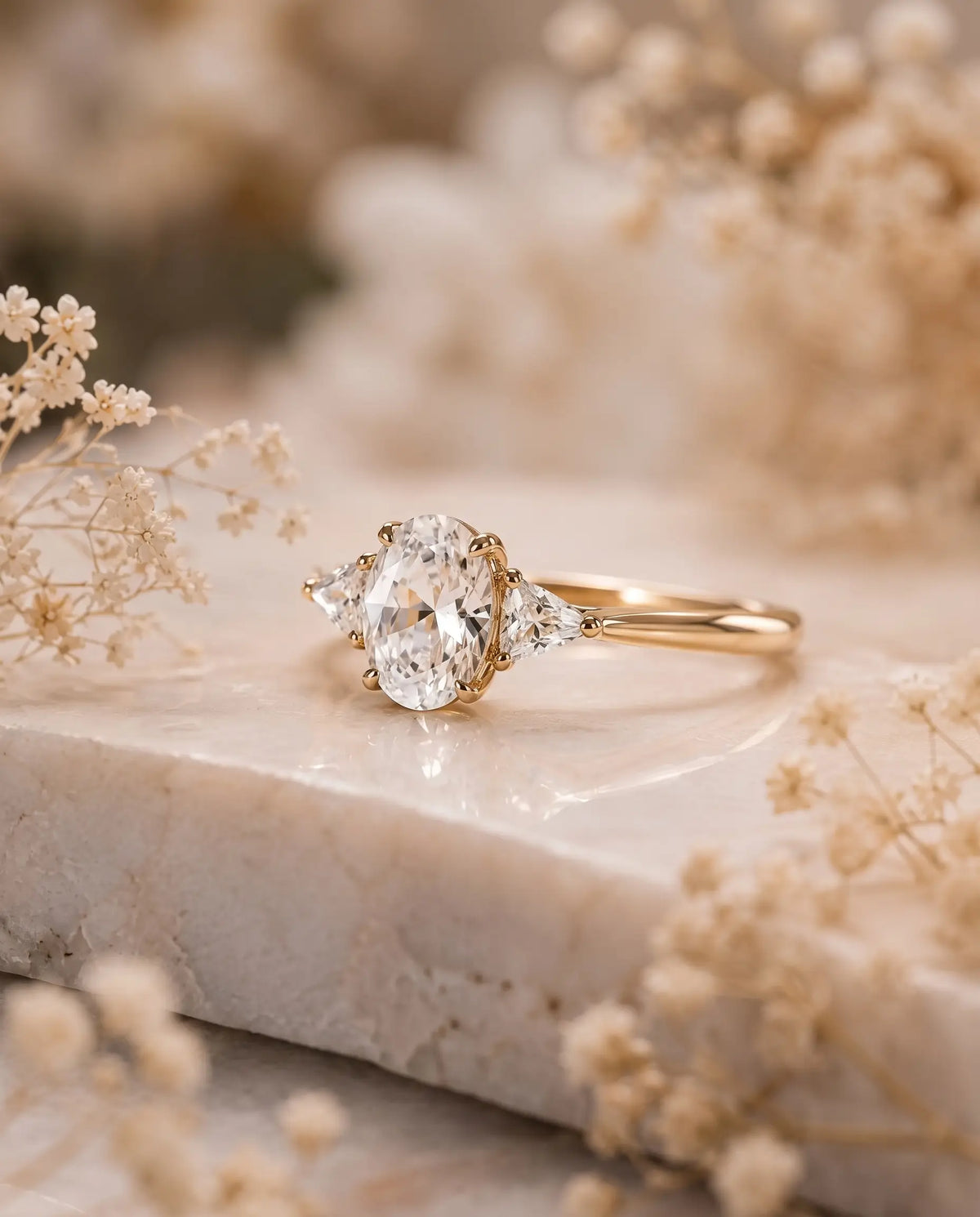 Classic oval three stone moissanite engagement ring styled in an elegant jewelry scene