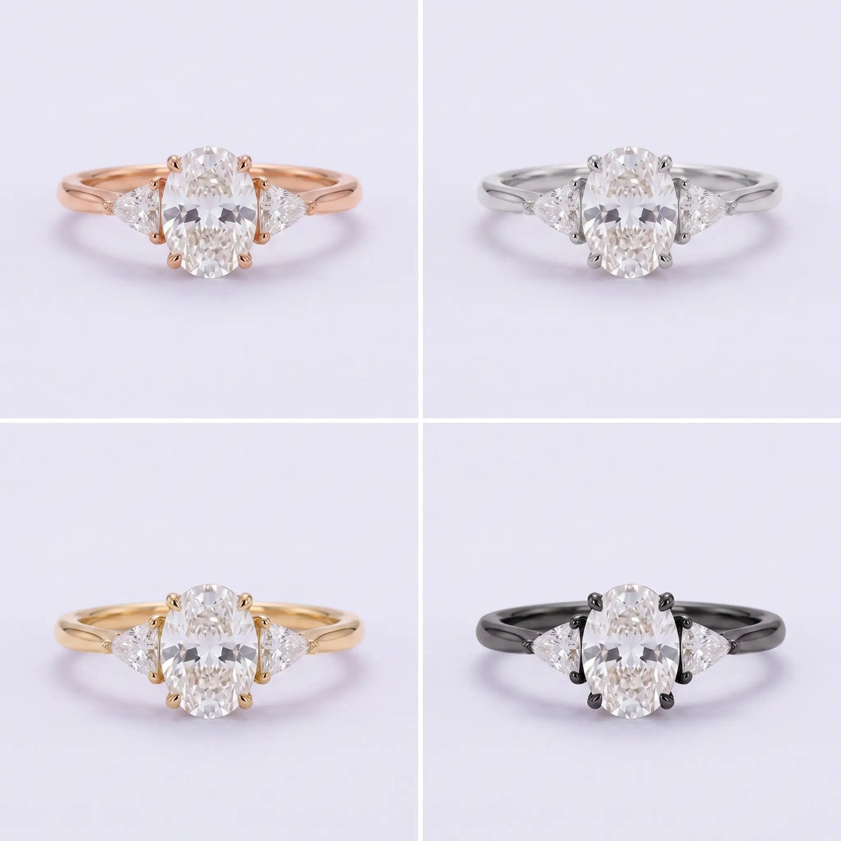 Oval moissanite three stone ring shown in black gold, white gold, rose gold, and yellow gold