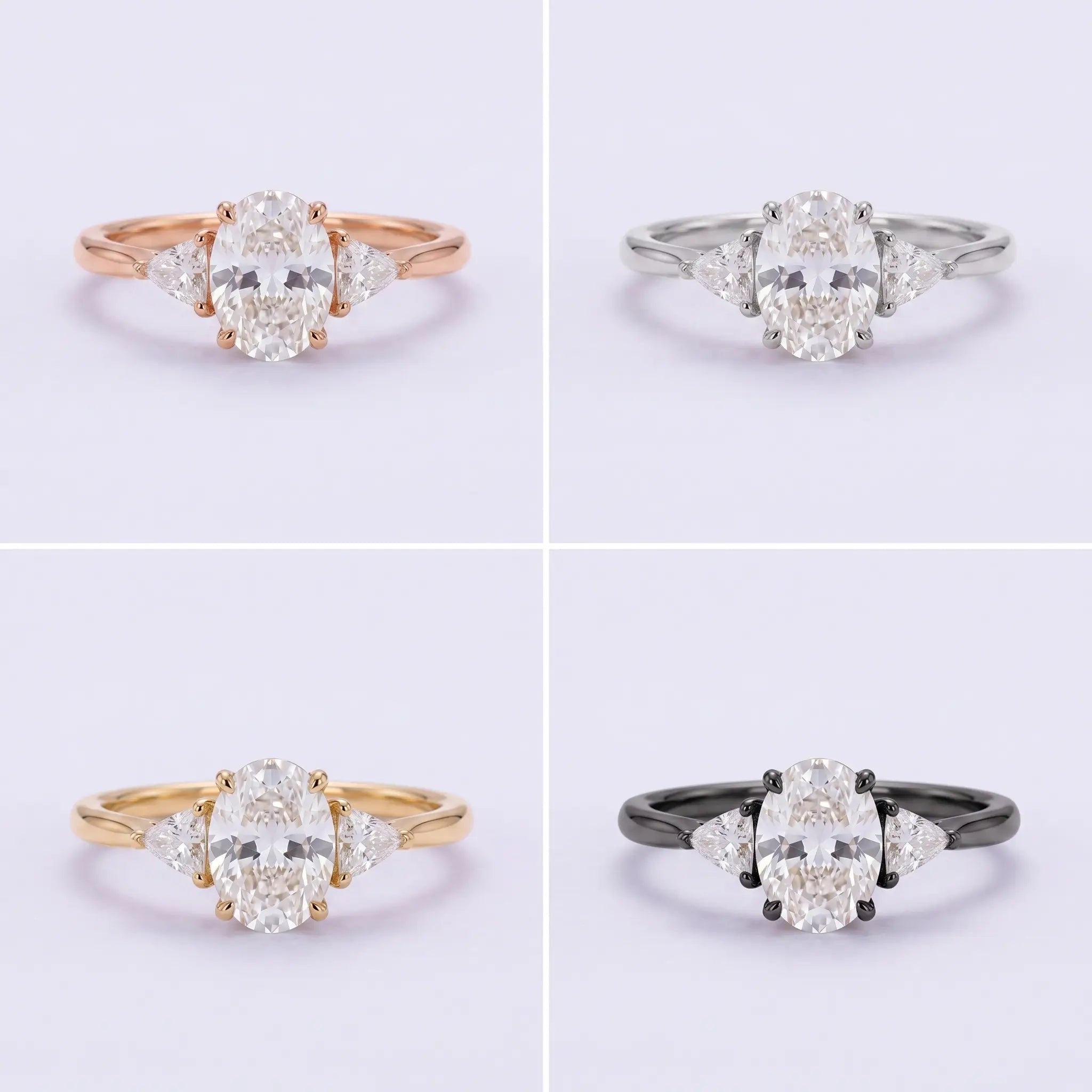 Oval moissanite three stone ring shown in black gold, white gold, rose gold, and yellow gold