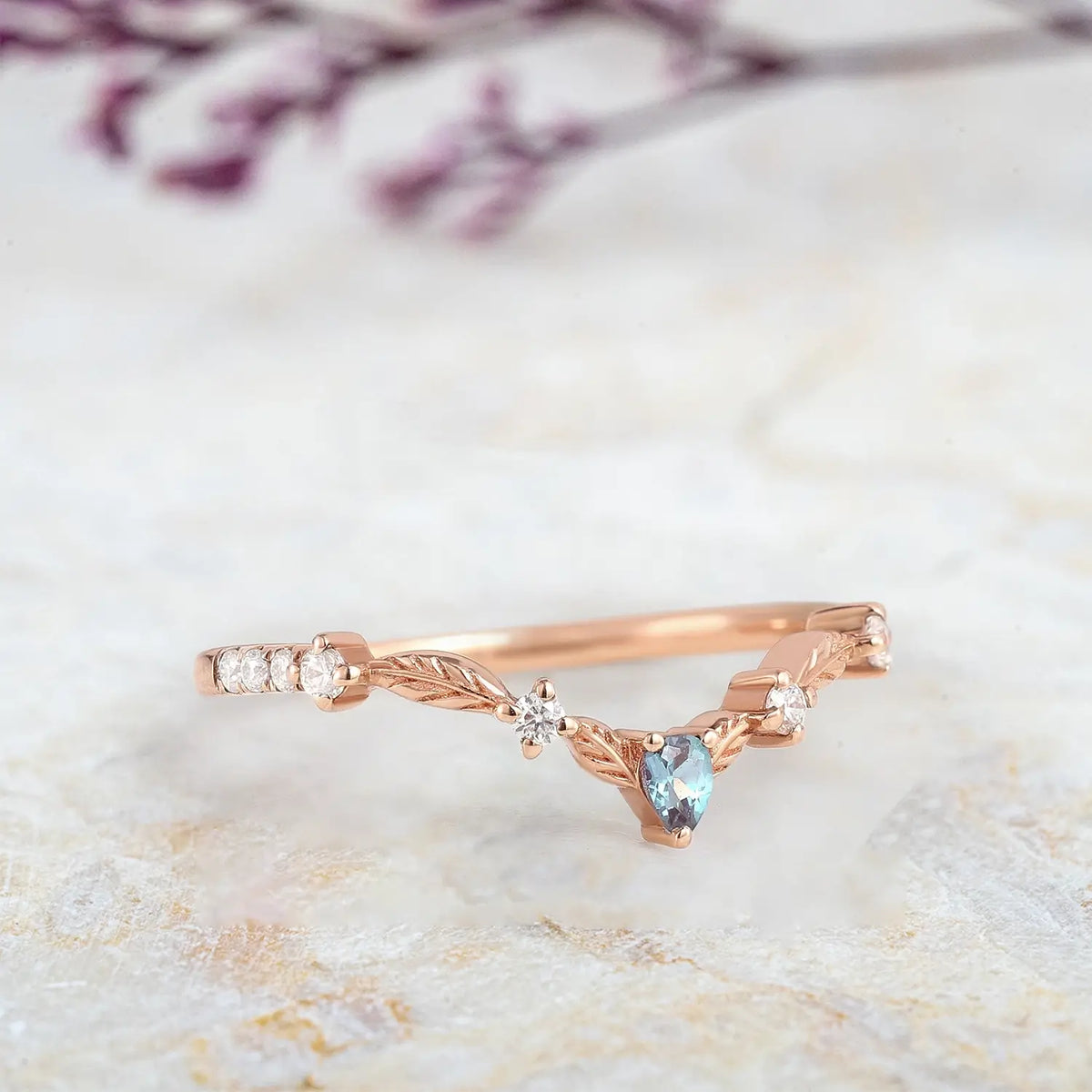 Marquise Alexandrite Leaf Wedding Band – Nature-Inspired Elegance | orleone leaf band