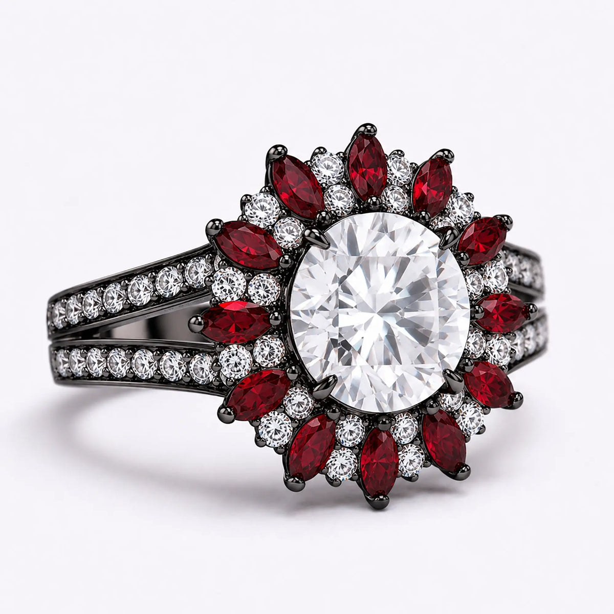 Side view of gothic moissanite ring showing Y-shaped double band design