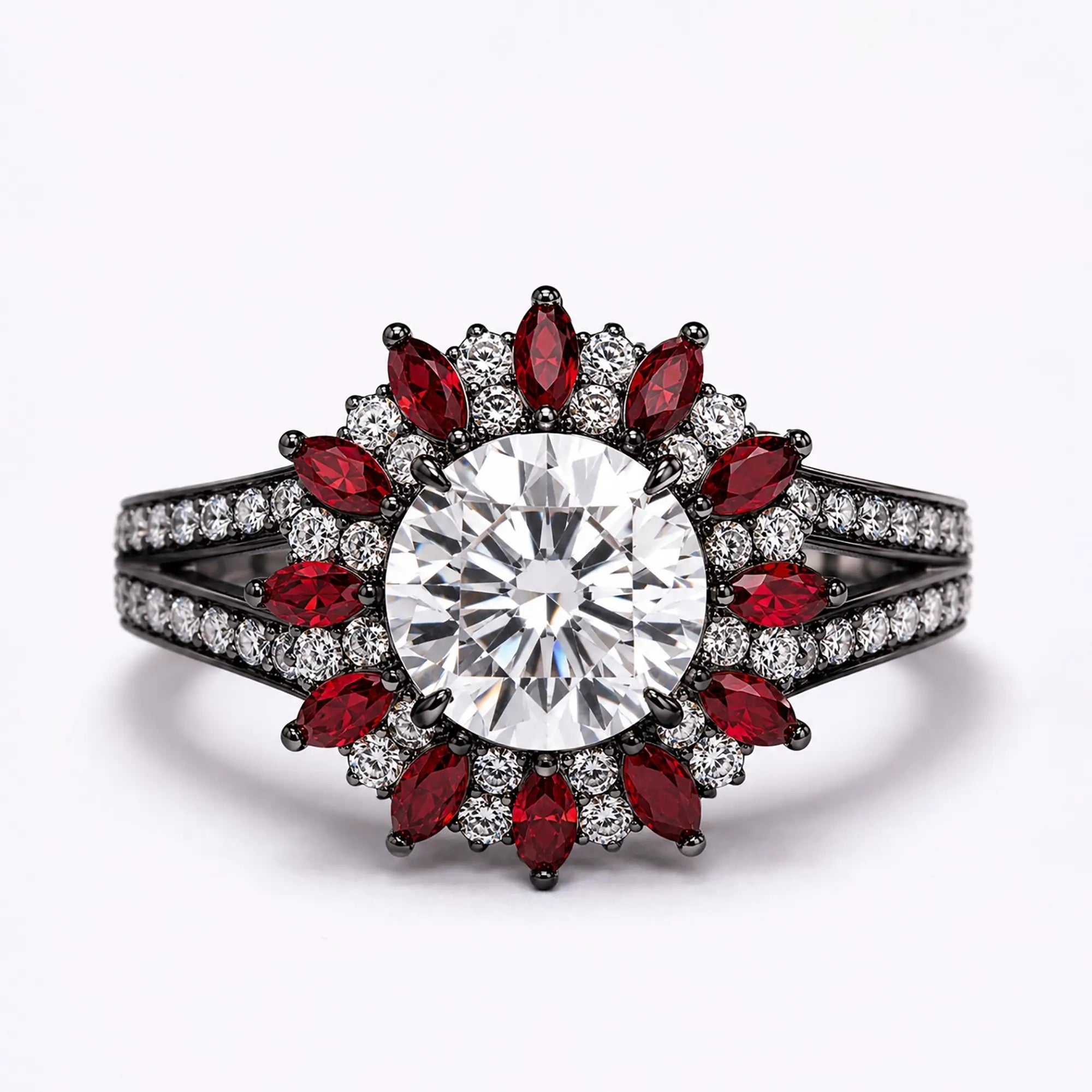 Gothic round moissanite ruby halo cluster ring in black gold