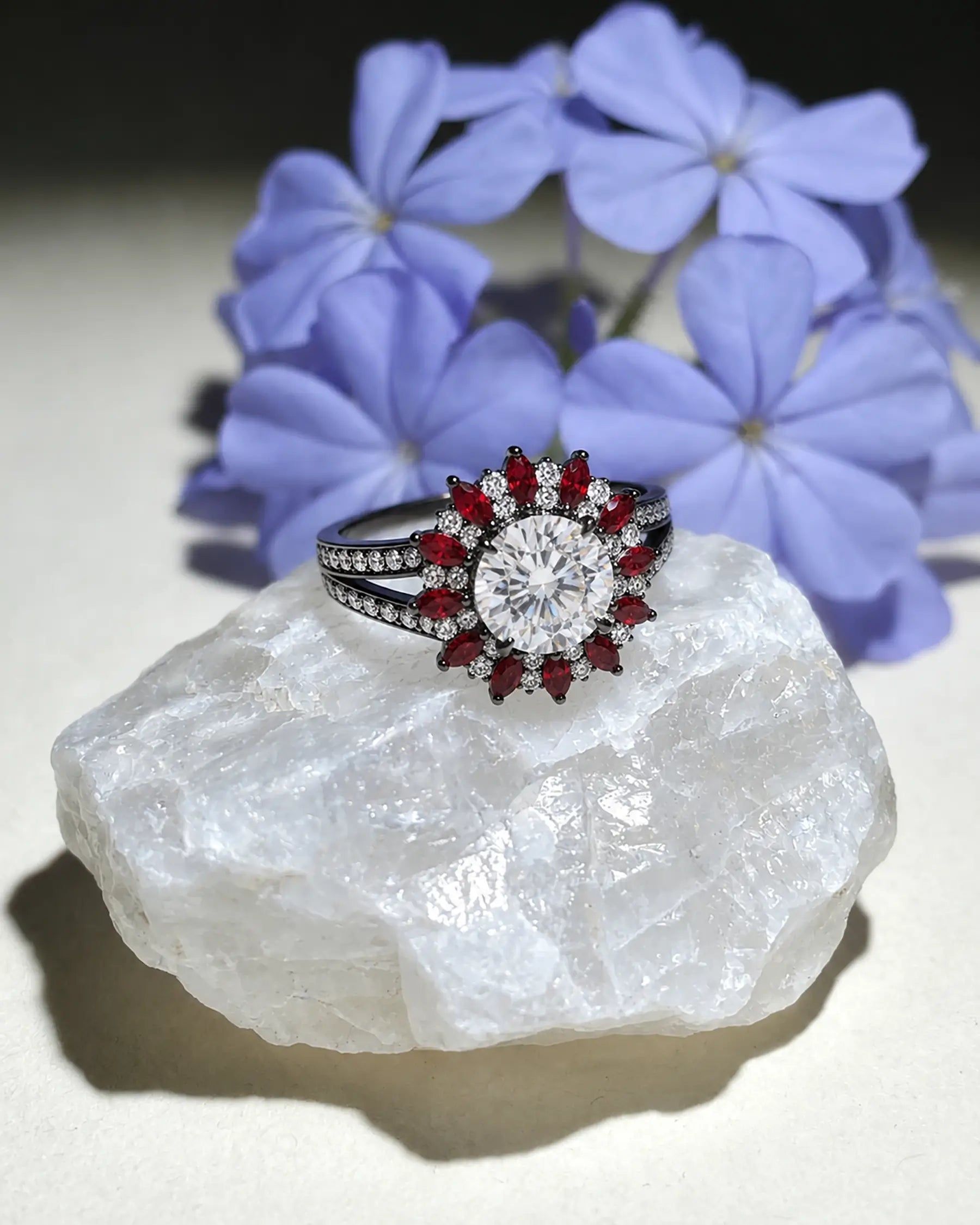 Gothic halo cluster ring shown in black gold, white gold, rose gold, and yellow gold