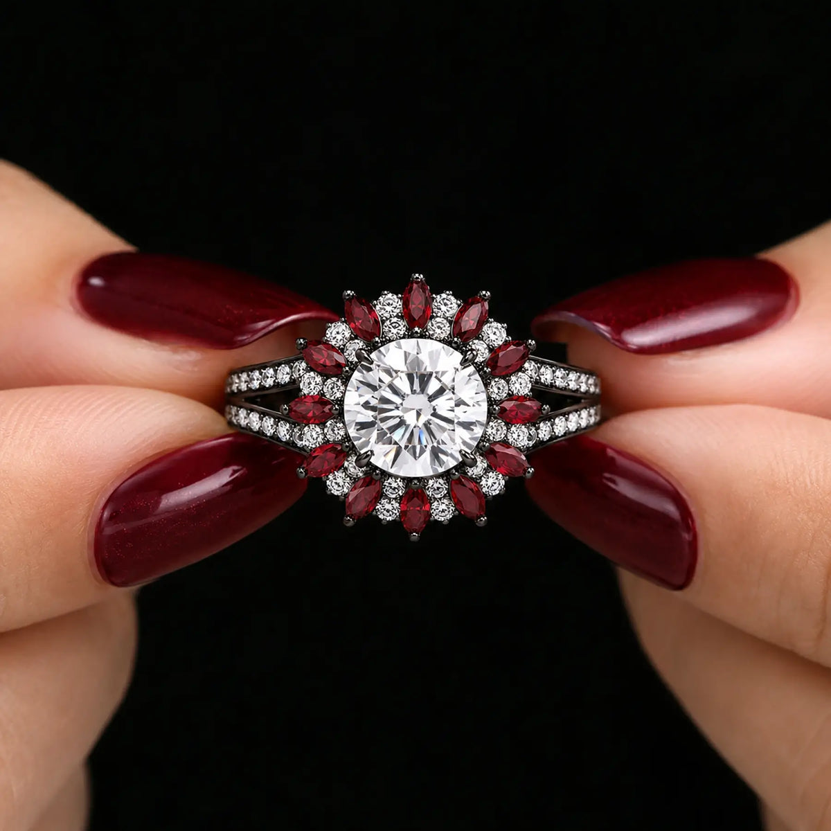 Gothic black gold halo cluster ring styled in a luxury jewelry scene